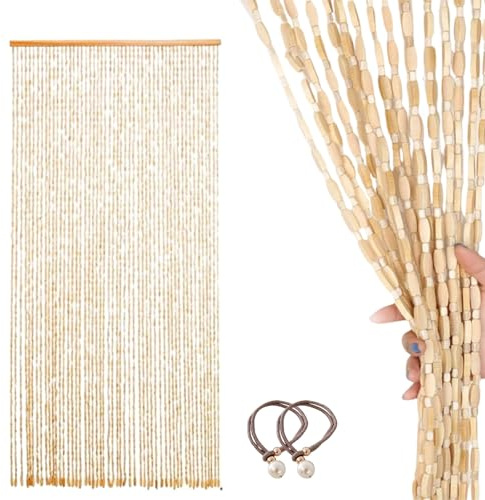Cortina De Perlas De Madera, Cortinas Puerta Bambú Colgante, Cortina Mosquitera con Cuentas Colgantes 40-80 Tiras for Puerta Ventana Dormitorio Salón Pasillos(Natural,W:80 x H:200cm)