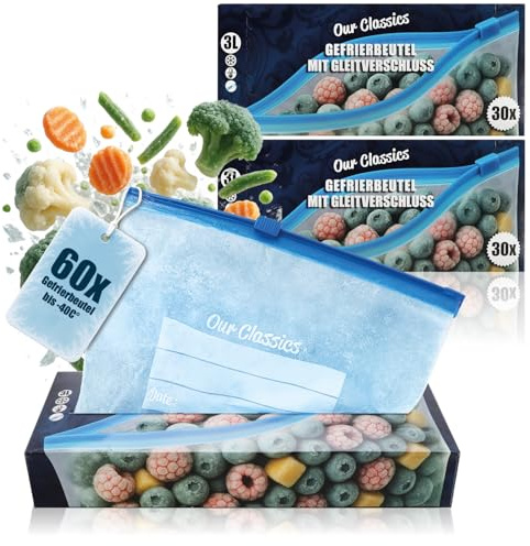 com-four® 60x Sacs congélation 3L avec fermeture, Pochettes réutilisables | Sachets polyvalents pour fraîcheur & arômes jusqu'à -40°C