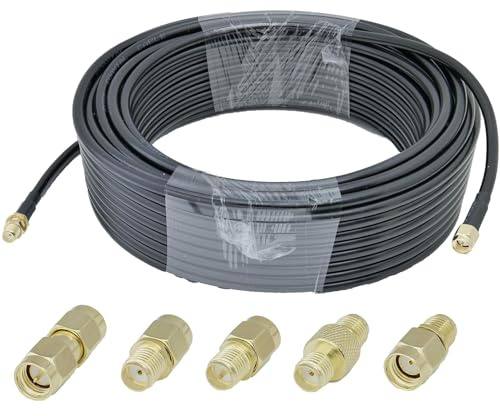 ACONRFTOL Kit câble coaxial d'extension SMA RG58 30 m Câble d'antenne WiFi mâle SMA vers femelle 30 m + 5 adaptateurs pour antenne WiFi 3G 4G LTE (ne convient pas pour la télévision)