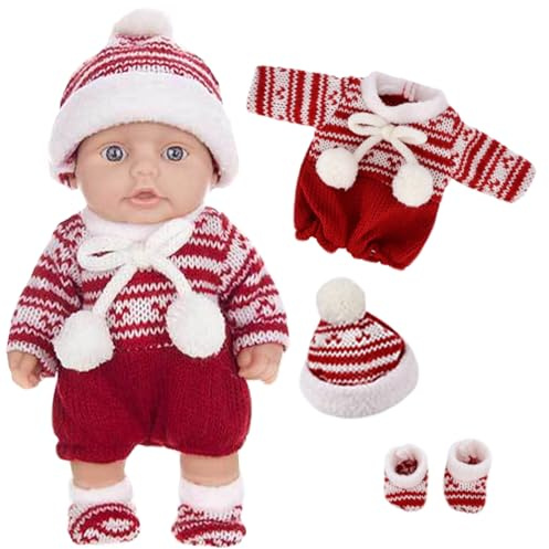 NIDONE Mini-Babypuppen, 10 süße Weihnachts-Minipuppen mit beweglichen Gelenken, realistische Neugeborene, weiche Vinyl-Ganzkörper-Stehpuppe mit Kleidung für Kinder, Rot