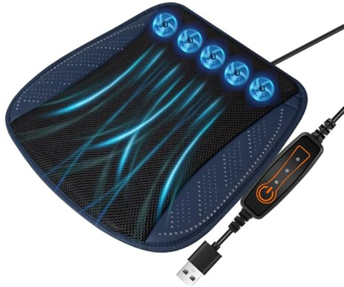 Ventilated Seat Cushion with USB Port Breathable Cooling Pad Built-in Fans Adjustable Wind Speed Soft Ice Silk Mesh Anti-Slip for Car Seats Home and Office Chairs