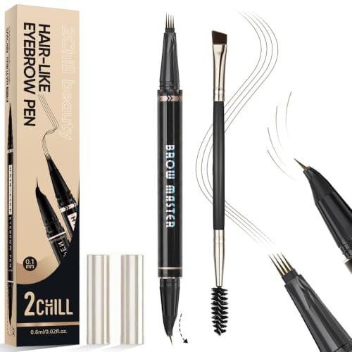 2CHILL 30° Augenbrauenstift gebogen, 2-in-1 wasserfestes Microblading-Eyebrow Pen mit 4 Spitzen, Präzisionspinsel für lebendige Farbe (Hellbraun)