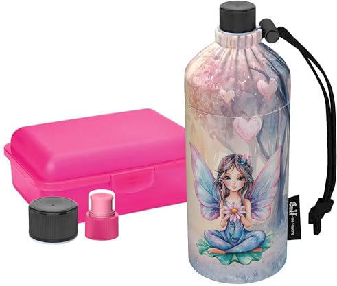 Emil Glas Trinkflasche Starterset 0,4l Elfen – inkl. Brotbox & 3 Verschlüsse, isolierte Kinderflasche für Kita, Kindergarten & Schulstart, schadstofffrei