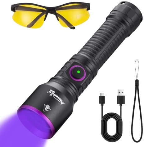 Alonefire SV145 365nm UV Taschenlampe USB-C Aufladbar mit Schwarzfilter | 5W Schwarzlicht mit Akku, Ladeanzeige & UV-Schutzbrille, Aluminium UV Lampe für Harz, Angeln, Skorpion, Bernstein, Mineralien