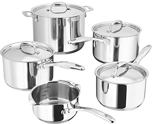 Stellar Profile Set of 5 Stainless Steel Pans 28cm 7.5L Stockpot, 20cm, 18cm, 14cm Saucepans with Lids, 14cm Milk Pan, Induction Ready