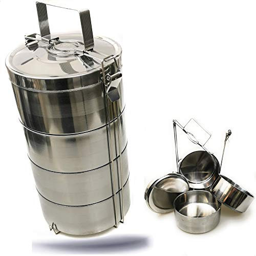 Kerafactum Essenträger Edelstahl Etagen Behälter Transportbehälter mit 3,6 Liter Volumen 4 Box für Essen ideal als Indian Lunchbox Speisenbehälter zum Warmhalten Wärmebehälter Henkelmann