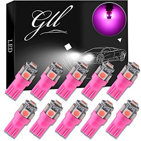 GLL 10-Pack T10 501 LED Bulbs W5W 194 168 Pink 5-SMD 5050 LED Car Interior,Dashboard,Number Plate,Sidelights Boot Light Bulbs (12 V)