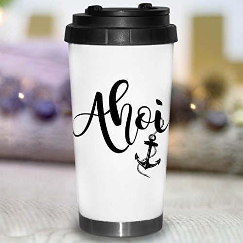 Wandtattoo-Loft® Bedruckter konischer Edelstahl Thermobecher Schriftzug Ahoi mit Anker/Becher/Thermobecher mit Motiv und Spruch/Anchor