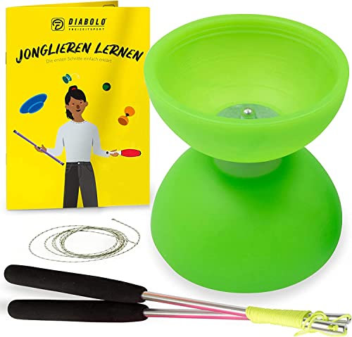 Diabolo Freizeitsport - Diabolo Set de Jonglage - Comet - Vert Fluo- Baguettes en Aluminium - Ficelle de Remplacement Supplementaire - Guide inclu - Idéal pour Débutants et Enfants