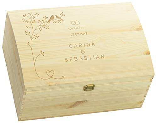 LAUBLUST Holztruhe zur Hochzeit mit Verschluss - Personalisierte Geschenkkiste mit Gravur | ca. 35x25x19 cm - Hochzeitstruhe personalisiert mit Namen & Datum - FSC® (Vogel-Pärchen, Natur ohne Schlitz)