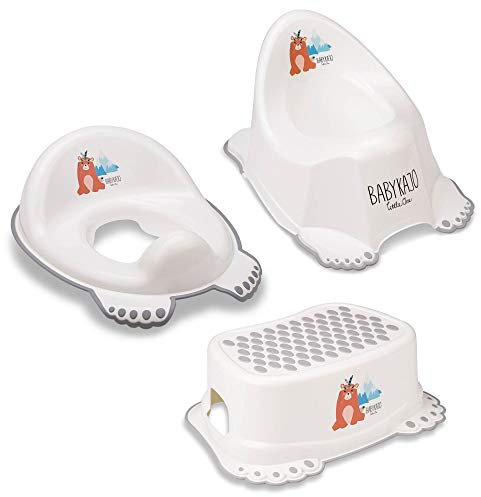 Babykajo 3 in 1 Baby Töpfchen Set TÜV Rheinland geprüft - Kinder Töpfchen + Kinder Toilettensitz + Kinder Tritthocker – aus BPA freiem Plastik und mit Antirutschfüßchen. (weiß)