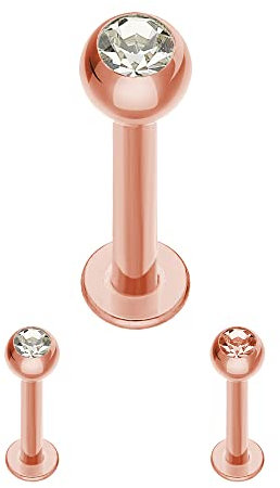 Treuheld® | Rosegoldenes Labret Piercing mit Kristall aus Stahl - [05.] 1.0 x 8 mm (Kugel: 2.5mm) - klar/durchsichtig
