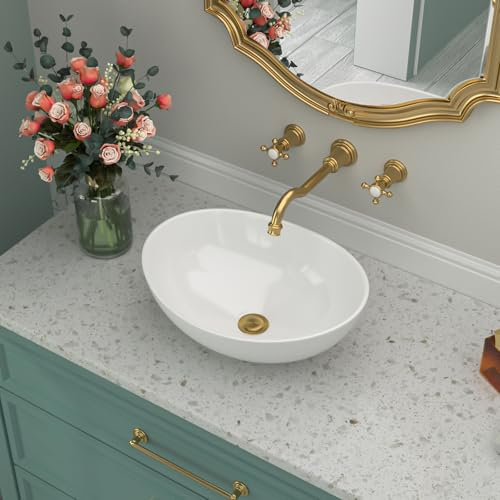 Lavabo ovalado para baño de 40,6 x 30,3 cm, de porcelana blanca, de cerámica, fregadero, lavabo moderno con forma de huevo, Muebles para Lavabo