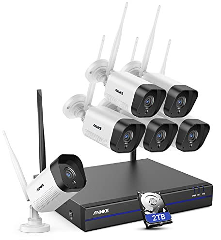 ANNKE 3MP Funk Überwachungskamera Set Aussen 8CH 5MP NVR mit 6 Pcs 3MP WiFi Kameras, Videoüberwachungssystem mit 2 TB Festplatte unterstützt Audioaufzeichnung, IP66 Wetterfest, kompatibel mit Alexa