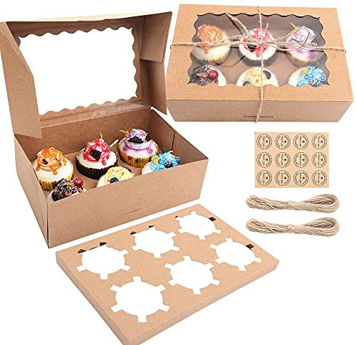 Cupcake Boxen 6er, 10 Stück Cupcake Muffin Box mit Transparentem Sichtfenster und Einsätzen, Patisserieschachteln Kartonbox Kartonschachtel mit Seil und Stickern zum Tortendekorieren, Gebäck, Kekse
