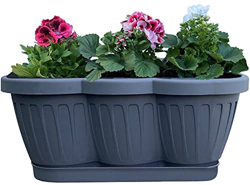 Hossi's Wholesale Blumenkasten 40cm, Balkonkasten mit Wasserspeicher, Pflanzkasten Anthrazit im Wellendesign mit passendem Bewässerungsuntersetzer