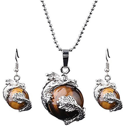Helena Rose Earring & Necklace Jewellery Set for Women - Silver Totem Gothic Style Dragon Wrap Design - Natural Tigers Eye Stone Pendant Ball Charm - Plus Gift Box