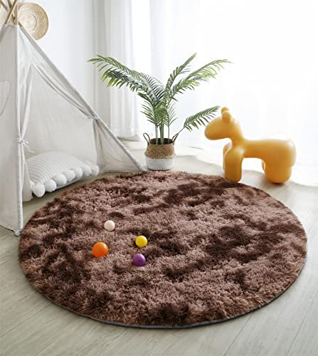 linyingdian Teppich langfloriger weicher Samt-Batikboden runder Teppich für Wohnzimmer, Kinderzimmer, Schlafzimmer und Küche (braun, 140x140cm)