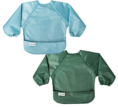Tiny Twinkle Schmutzfestes Baby-Lätzchen, 2pk – Leichtes Kleinkind-Lätzchen – Lätzchen für Babygeführtes Abstillen, Pflegeleicht & Maschinenwaschbar mit Ärmeln (Schiefer Oliv, Klein 6–24 Monate)