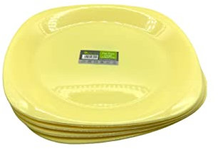 ECO 4 Pc Unbreakable Flat 27 x 27 cm Yellow Round Plastic Plates | Large Bright Flat Kids Plates | Stackable Plastic Plates Reusable for Birthdays, Picnic, BBQ & Parties (Yellow, Large)