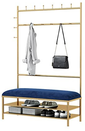 LHHL Porte-Manteau De Sol Multifonctionnel D'entrée Porte-Vêtements en Métal Suspension Autoportante Double Crochet Étagère Langer Tabouret À Chaussures Or/Noir