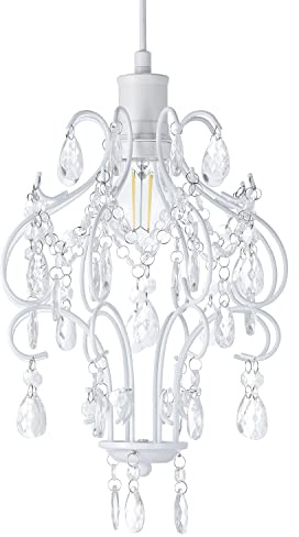 Traditional Matt White Shabby Chic Chandelier Style Pendant Ceiling Lamp Shade with Acrylic Beads and Droplets | 31cm x 24cm by Happy Homewares