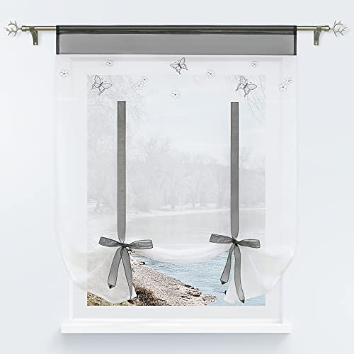 Yujiao Mao Raffrollo Voile Transparent Raffgardine mit Stickerei Schmetterling mit Tunnelzug Bändchenrollo für Wohnzimmer Küche & Kinderzimmer,Grau BxH 60x140cm 1Stück