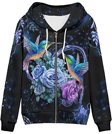 WELLFLYHOM Damen Y2K Hoodie Zip Up Sweatshirt Vintage Jacken Kapuzenjacke, Kolibri Rose, 3XL