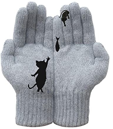 Winterhandschuhe, warme Strickhandschuhe für Damen, volle Fingerhandschuhe, elastisch, mit Katzenmotiv, weich, für Handwärmer