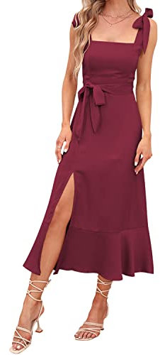 Abendkleider Elegant für Hochzeit Damen Sommer Sexy Spaghetti Kleid mit Schlitz Sommerkleid Hochzeitsgäste Festliche Hochzeitskleid Cocktailkleid Partykleid Abschlusskleid Lang Ballkleider Burgund M