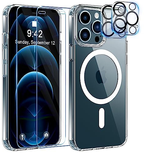 YisrLery 5 in 1 per Magnetica Cover Compatibile con iPhone 12 Pro con 2 Vetro Temperato e 2 Vetro Fotocamera, Compatibile MagSafe Hard PC Anti-Graffio Protettiva Case Antiurto Custodia
