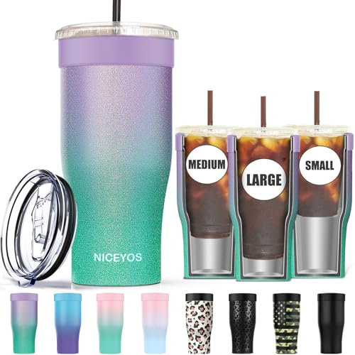 Niceyos Universal-Eiskaffee-Hülle, doppelwandig, wiederverwendbar, Edelstahl, Isolator für kalte Getränke, passend für Starbucks Dunkin Donuts McDonalds kleine, mittelgroße und große Tassen (Glitzer)