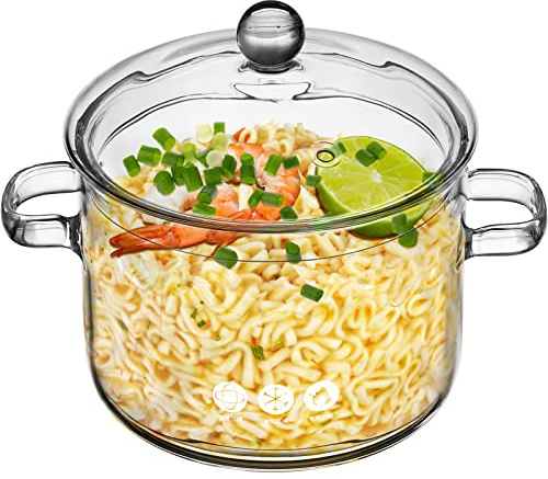 Cacerola de vidrio de 1900 ml con tapa de vidrio para estufa, olla de vidrio transparente con asas, olla de cocina casera, segura para pasta, fideos, sopa, leche, alimentos