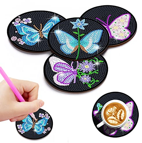 Feibety Diamond Art Car Cup Coaster,4 Pcs Arts and Crafts for Adults Diamond Painting Kits,DIY Diamond Paintings Drink Coasters - Non-Scratch Top & Non-Slip Cork Base for Beginners,Kids & Adults