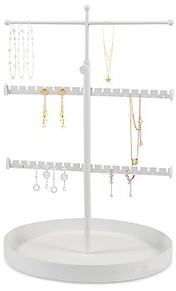 GVSAVY Jewelry Storage - Necklace & Earrings Rack, Height Adjustable Metal Tray (White)