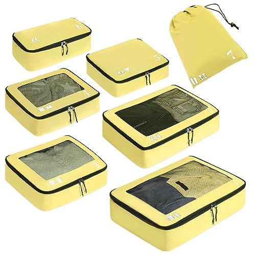 ECOHUB Koffer Organizer Packing Cubes 7-Teiliges Koffer Organizer Set Packwürfel Pet-Recycelte Packtaschen für Koffer Kofferorganizer für Rucksack schuhbeutel Kleidertaschen für Koffer(Zitronengelb)