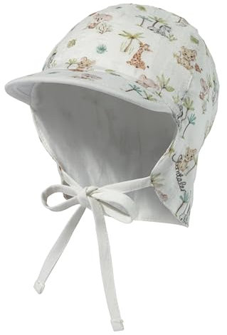 Sterntaler Schirmmütze mit Nackenschutz Tierbabys mit Bindeband für Jungen - Baby Mütze mit Ohrenklappen - Schirmmütze Baby mit Druckmuster - Sonnenkappe aus Baumwolle - ecru, 37
