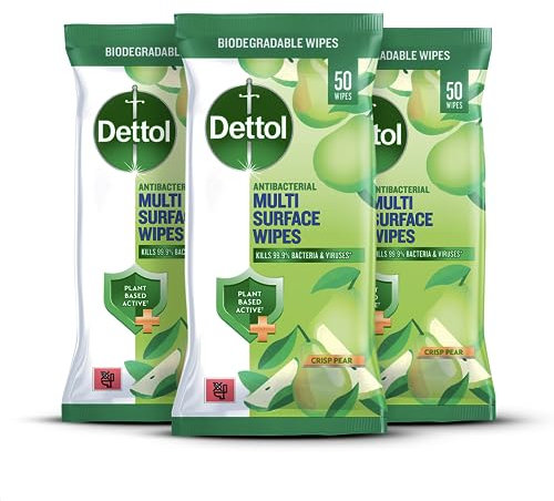Dettol Antibacterial Multi-Surface Wipes, Plant-Based, Crisp Pear Scent, 3 Pack of 50