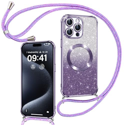 Phoona Handyband Hülle für iPhone 15 Pro Max mit Band [kompatibel mit MagSafe], Luxuriöse Glitzer Beschichtung Magnetische Handyhülle für iPhone 15 Pro Max Silikon Stoßfest Schutzhülle, Lila
