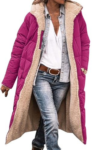 HOOUDO Winter Coats for Women UK Warm Fleece Lined Overcoat Outerwear Full Zip Hooded Long Jackets Ladies Long Sleeve Down Jacket Longline Padded Puffer Coat Cardigans Quilted Raincoat Hoodies
