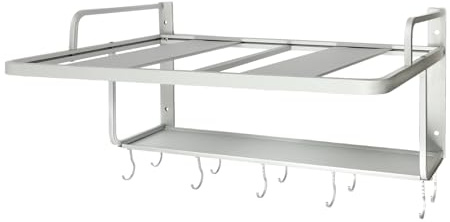 Regal für Mikrowelle, Mikrowellenhalterung mit 10 Haken und 2 Bewegliche Ablagen Wandhalterung für Küche