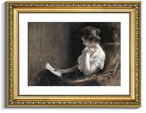 VIYYIEA Impression sur toile encadrée dorée - Portrait - Femme assise en train de lire - Art vintage - Esthétique - Femme du milieu du siècle - Impression élégante - Peinture à l'huile pour chambre à