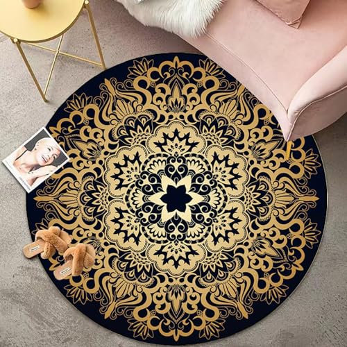 Menkala Teppich Rund Boho Style Vintage Blumen Schwarz Gold Mandala Muster Waschbarer rutschfest Kurzflor Wohnzimmerteppich Klein 80 cm Bohemien Deko für Wohnzimmer Schlafzimmer Flur Balkon Garten