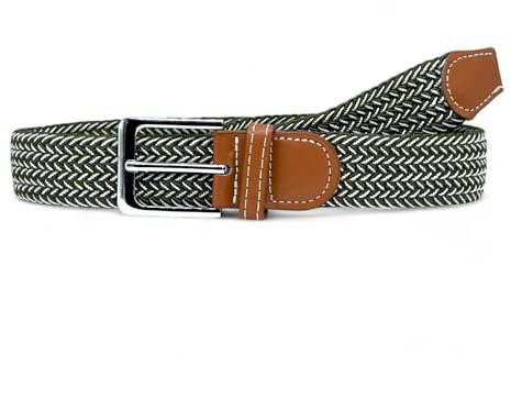 SEGMENTES Zweifarbiger elastischer geflochtener Gürtel für Männer und Frauen, mit quadratischer Schnalle und braunen Details, Länge 100 bis 135 cm, gewebter Stoffgürtel, ausziehbar, Unisex, grün-weiß,