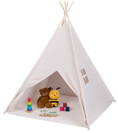 Relaxdays Spielzelt, Tipi Zelt für Kinder, mit Boden, Kinderzimmerzelt, HxBxT: 158 x 125 x 125 cm, Kinderzelt, beige