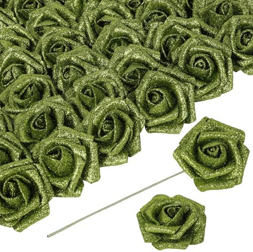 ICBOX Green Glitter Foam Roses Artificial Flowers 30 PCS Artificial Flowers 2.17 in Glitter Flowers with Stem for DIY Wedding Bridal Bouquet Party Centerpieces Decor(Green)