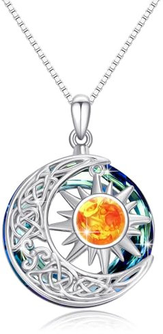 PARYFO Mond Sonne Halskette 925 Sterling Silber mit Kristall Bernstein Sonne Anhänger Mond und Sonne Schmuck für Frauen Mädchen