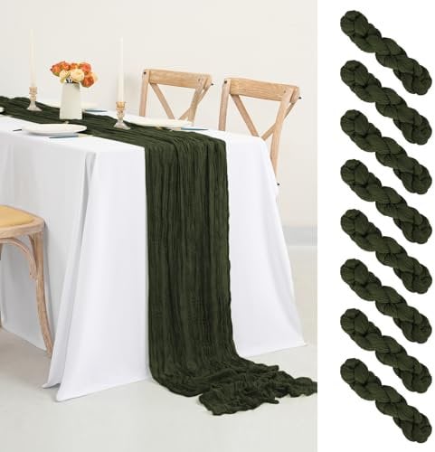 8 Stück Käsetuch Tischläufer Jägergrün,90 x 300 cm Rustikaler Gaze Stoff Boho Seihtuch-Tischläufer lang Cheesecloth Tischläufer Hochzeit Tischdecke für Hochzeit, Party, Bankett Dekoration