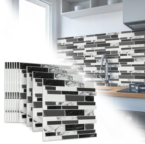 TANYEAR Fliesenaufkleber Tile Stickers Dickere Aufkleber Selbstklebende Vinyl Fliesen Klebefolie Wandaufkleber Fliesenfolie für Bad Küche, 10 Blatt, Schwarzer Marmor