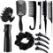 12Pcs Hair Comb Detangling Brush Sets for Women,Professional Salon Styling Brush Sets for Curly Hair with Spray Bottle and Clips (02 Black)